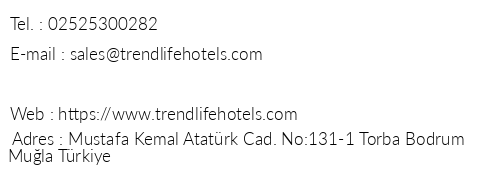 Trendlife Hotels Bodrum Torba telefon numaralar, faks, e-mail, posta adresi ve iletiim bilgileri